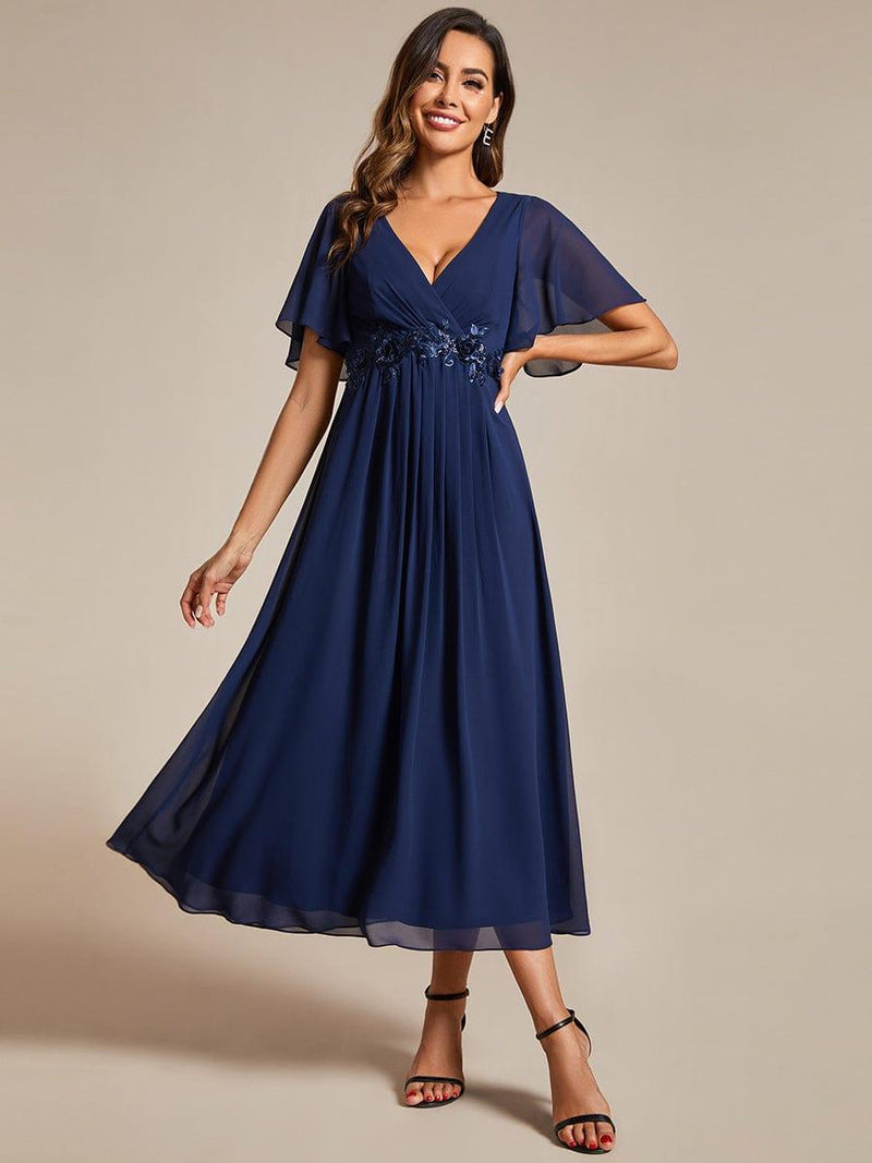 ever DAHLIA|Short Sleeves V-Neck Tea Length Wedding Guest Dress with Floral Applique
