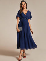 ever DAHLIA|Short Sleeves V-Neck Tea Length Wedding Guest Dress with Floral Applique