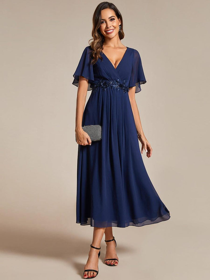 ever DAHLIA|Short Sleeves V-Neck Tea Length Wedding Guest Dress with Floral Applique