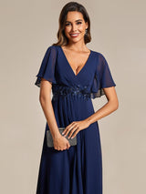 ever DAHLIA|Short Sleeves V-Neck Tea Length Wedding Guest Dress with Floral Applique