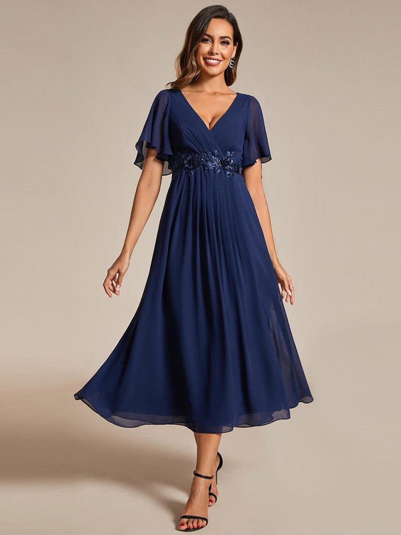 ever DAHLIA|Short Sleeves V-Neck Tea Length Wedding Guest Dress with Floral Applique