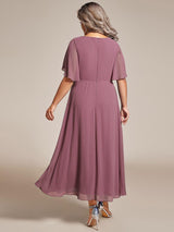 ever DAHLIA|Short Sleeves V-Neck Tea Length Wedding Guest Dress with Floral Applique