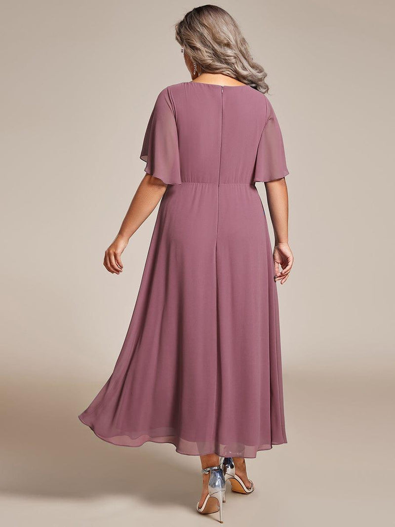 ever DAHLIA|Short Sleeves V-Neck Tea Length Wedding Guest Dress with Floral Applique