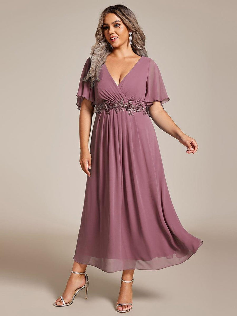 ever DAHLIA|Short Sleeves V-Neck Tea Length Wedding Guest Dress with Floral Applique