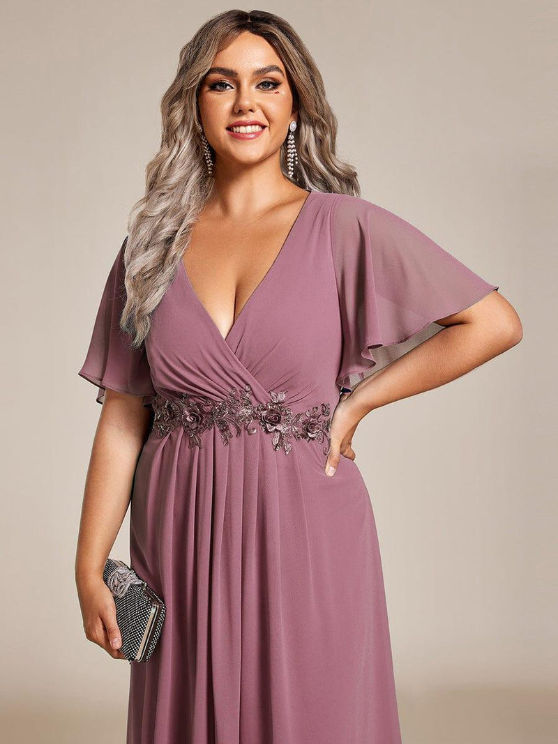ever DAHLIA|Short Sleeves V-Neck Tea Length Wedding Guest Dress with Floral Applique