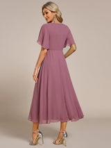ever DAHLIA|Short Sleeves V-Neck Tea Length Wedding Guest Dress with Floral Applique