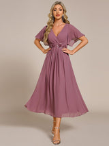 ever DAHLIA|Short Sleeves V-Neck Tea Length Wedding Guest Dress with Floral Applique