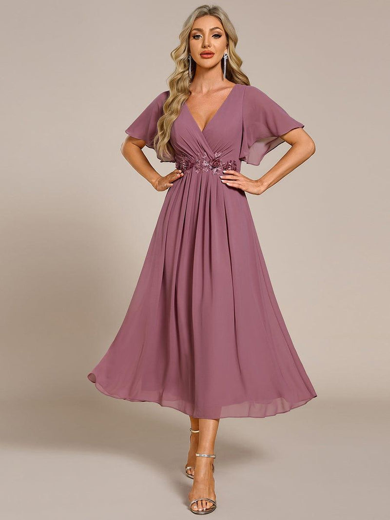 ever DAHLIA|Short Sleeves V-Neck Tea Length Wedding Guest Dress with Floral Applique