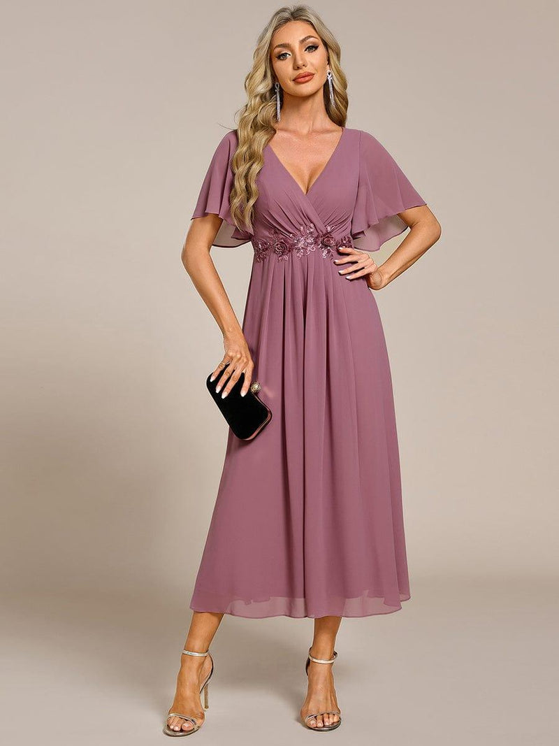 ever DAHLIA|Short Sleeves V-Neck Tea Length Wedding Guest Dress with Floral Applique