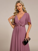 ever DAHLIA|Short Sleeves V-Neck Tea Length Wedding Guest Dress with Floral Applique
