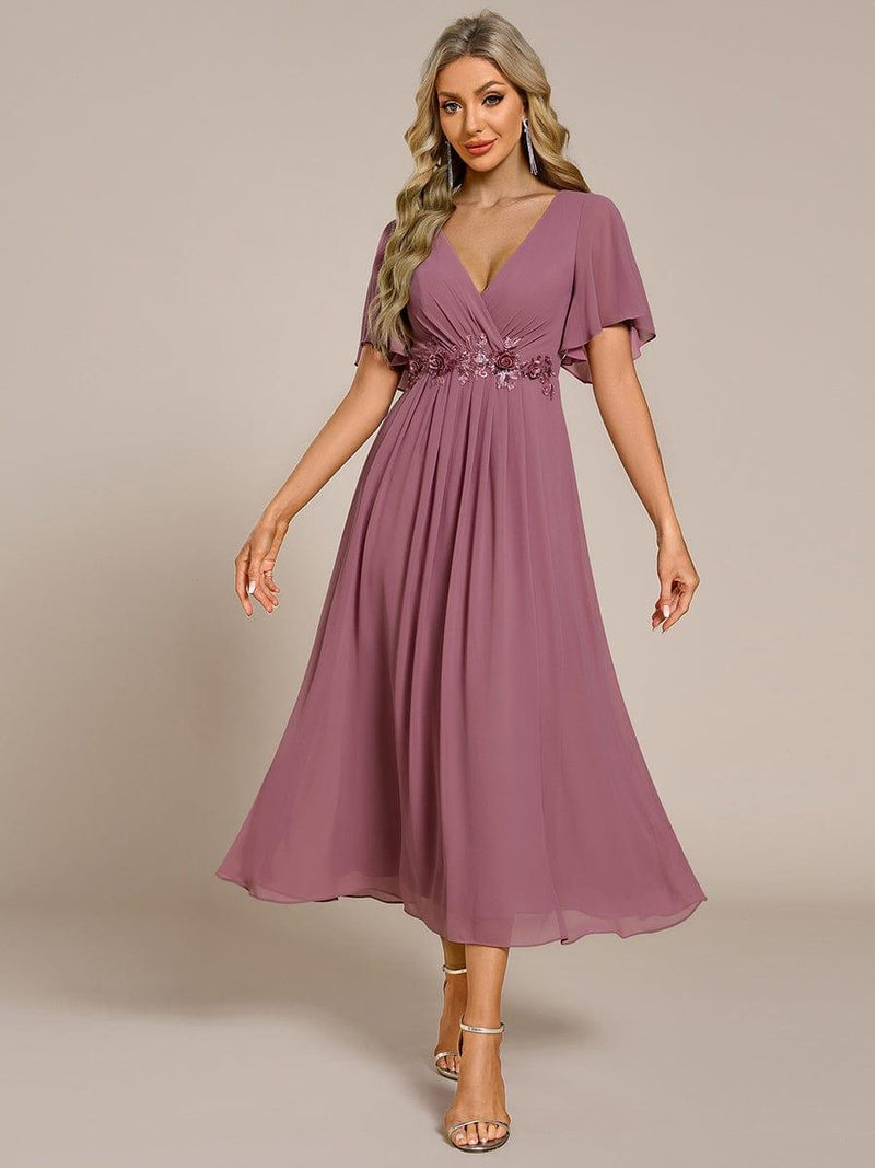 ever DAHLIA|Short Sleeves V-Neck Tea Length Wedding Guest Dress with Floral Applique