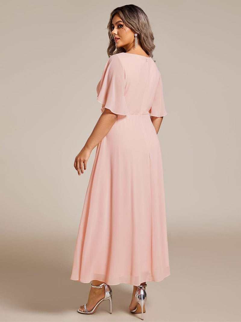 ever DAHLIA|Short Sleeves V-Neck Tea Length Wedding Guest Dress with Floral Applique