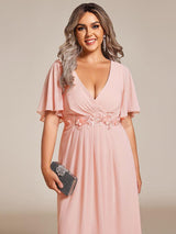 pretty DAHLIA|Plus Size Elegant Short Sleeves V-Neck Floral Applique Wedding Guest Dress