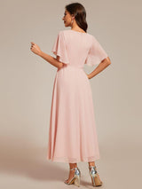 ever DAHLIA|Short Sleeves V-Neck Tea Length Wedding Guest Dress with Floral Applique