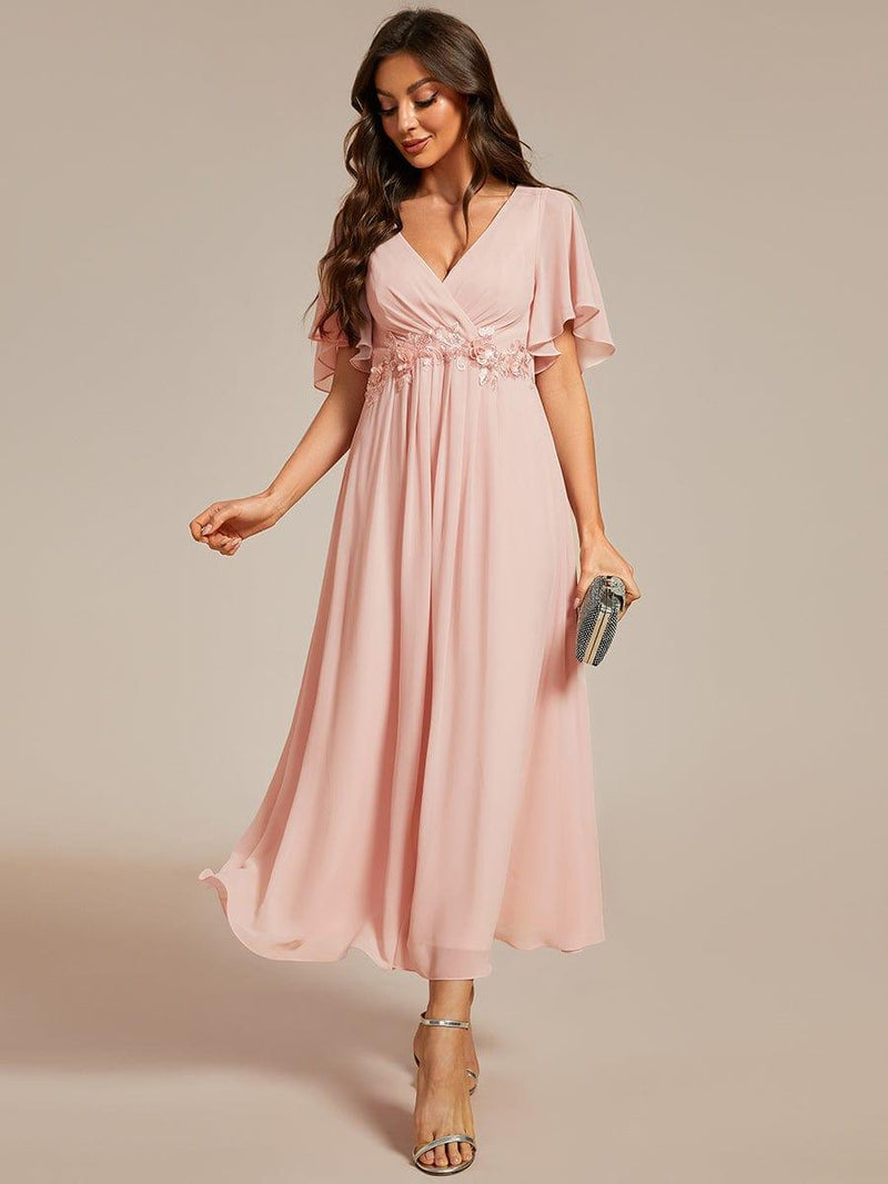 ever DAHLIA|Short Sleeves V-Neck Tea Length Wedding Guest Dress with Floral Applique