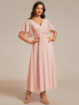 ever DAHLIA|Short Sleeves V-Neck Tea Length Wedding Guest Dress with Floral Applique