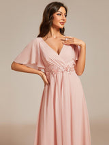 ever DAHLIA|Short Sleeves V-Neck Tea Length Wedding Guest Dress with Floral Applique