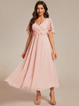 ever DAHLIA|Short Sleeves V-Neck Tea Length Wedding Guest Dress with Floral Applique