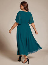 ever DAHLIA|Short Sleeves V-Neck Tea Length Wedding Guest Dress with Floral Applique