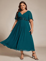 ever DAHLIA|Short Sleeves V-Neck Tea Length Wedding Guest Dress with Floral Applique