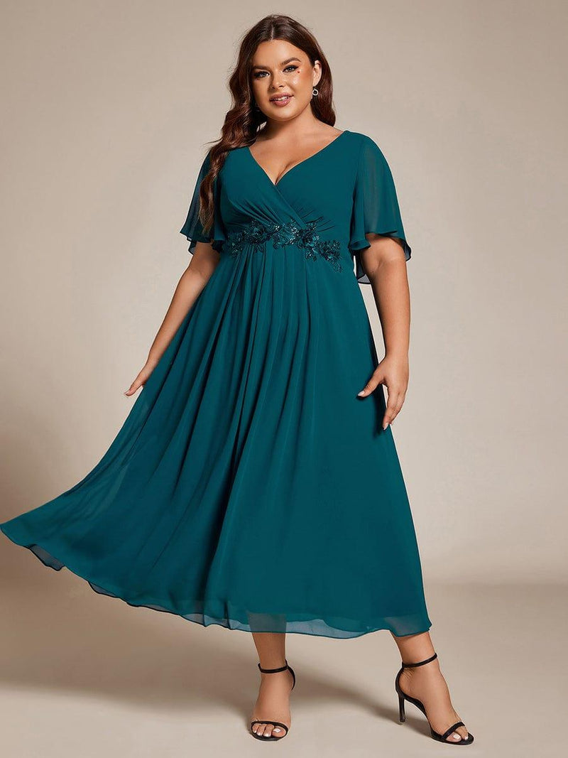 ever DAHLIA|Short Sleeves V-Neck Tea Length Wedding Guest Dress with Floral Applique