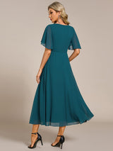 ever DAHLIA|Short Sleeves V-Neck Tea Length Wedding Guest Dress with Floral Applique