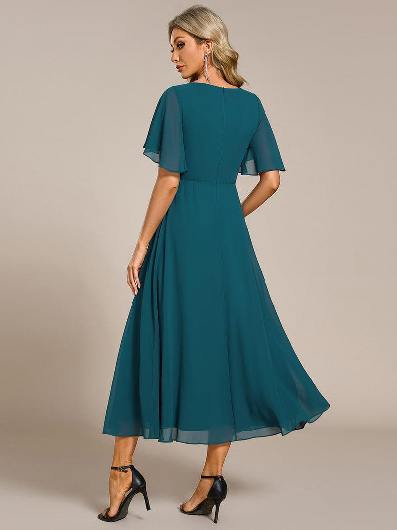 ever DAHLIA|Short Sleeves V-Neck Tea Length Wedding Guest Dress with Floral Applique