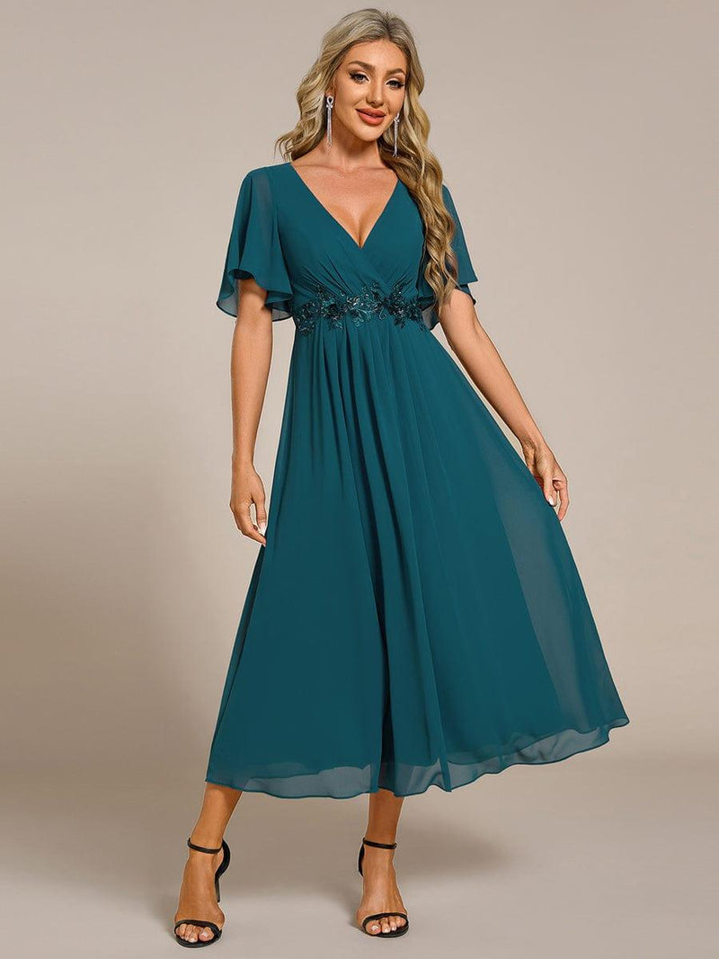 ever DAHLIA|Short Sleeves V-Neck Tea Length Wedding Guest Dress with Floral Applique