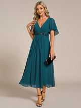 ever DAHLIA|Short Sleeves V-Neck Tea Length Wedding Guest Dress with Floral Applique