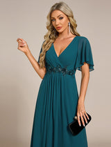 ever DAHLIA|Short Sleeves V-Neck Tea Length Wedding Guest Dress with Floral Applique