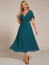 ever DAHLIA|Short Sleeves V-Neck Tea Length Wedding Guest Dress with Floral Applique
