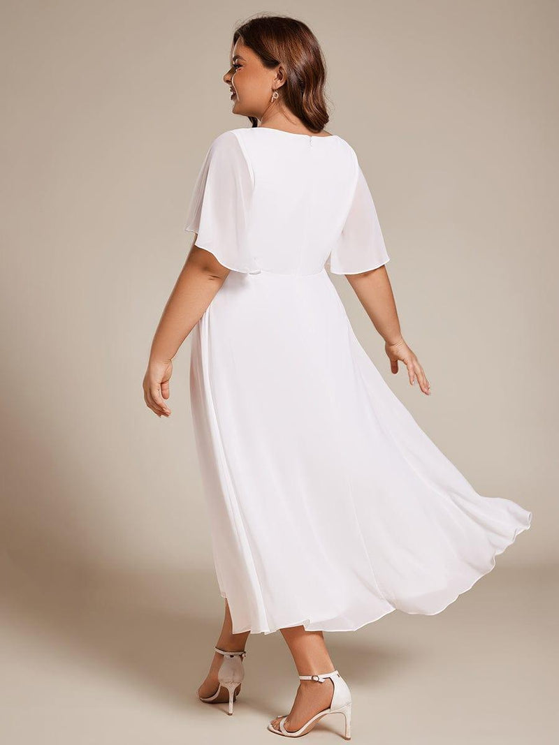 ever DAHLIA|Short Sleeves V-Neck Tea Length Wedding Guest Dress with Floral Applique