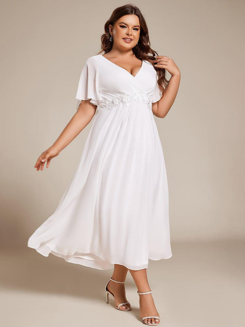 ever DAHLIA|Short Sleeves V-Neck Tea Length Wedding Guest Dress with Floral Applique