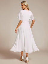 ever DAHLIA|Short Sleeves V-Neck Tea Length Wedding Guest Dress with Floral Applique