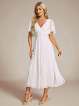 ever DAHLIA|Short Sleeves V-Neck Tea Length Wedding Guest Dress with Floral Applique