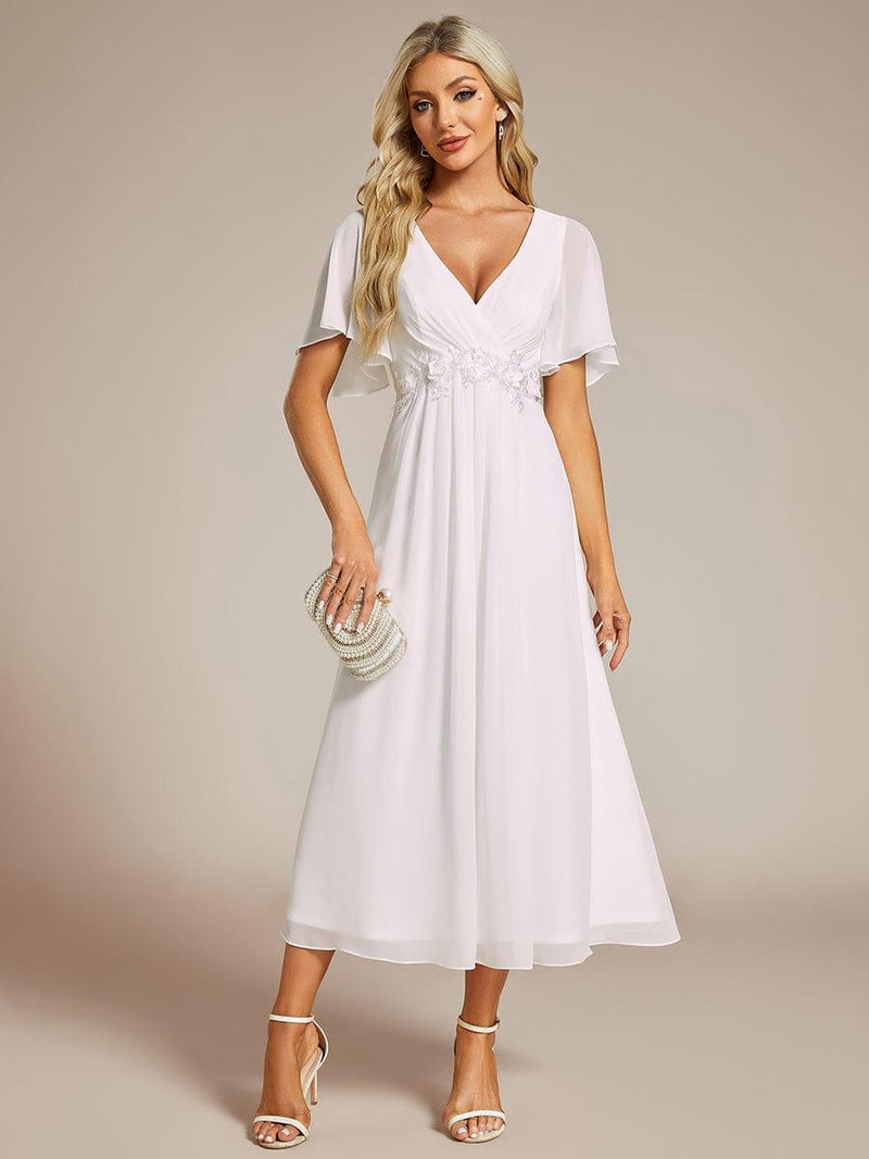 ever DAHLIA|Short Sleeves V-Neck Tea Length Wedding Guest Dress with Floral Applique