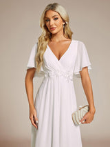ever DAHLIA|Short Sleeves V-Neck Tea Length Wedding Guest Dress with Floral Applique