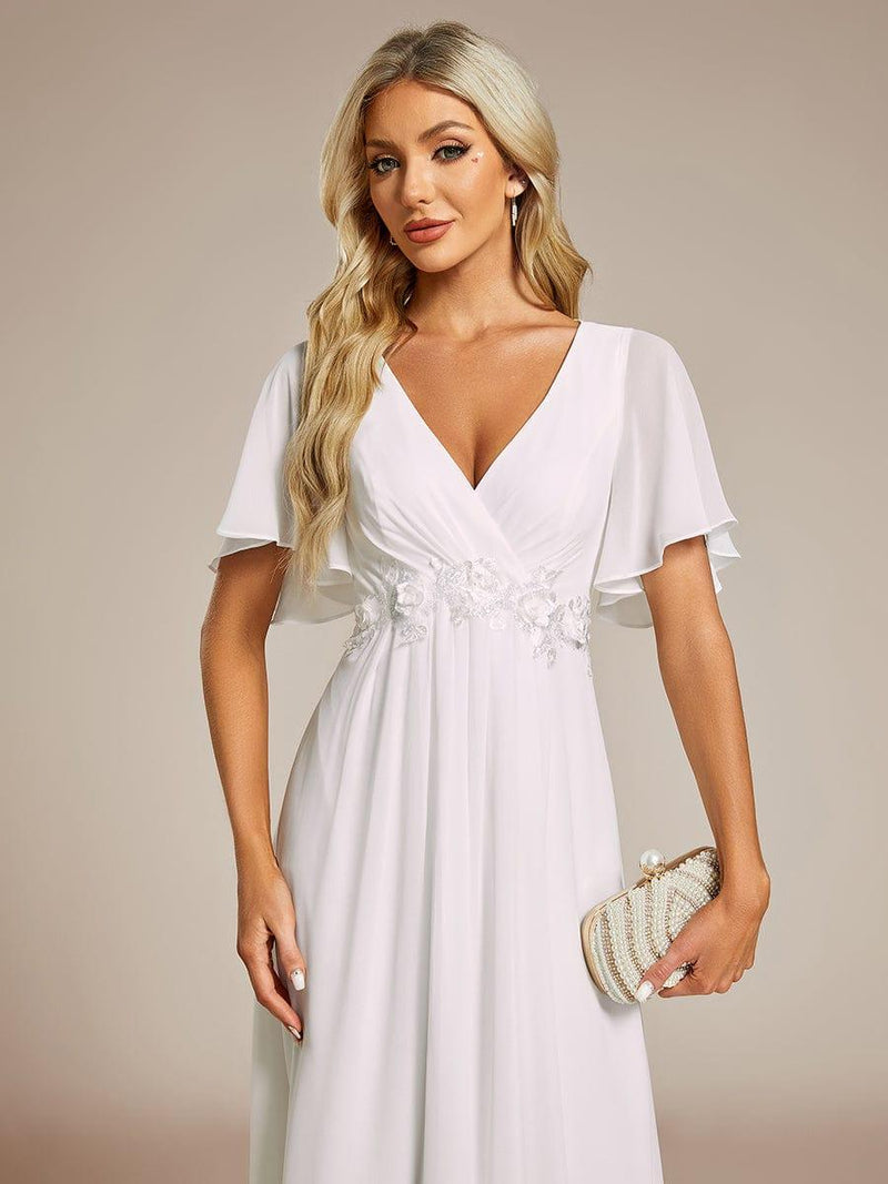 ever DAHLIA|Short Sleeves V-Neck Tea Length Wedding Guest Dress with Floral Applique