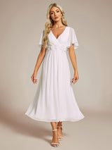 ever DAHLIA|Short Sleeves V-Neck Tea Length Wedding Guest Dress with Floral Applique