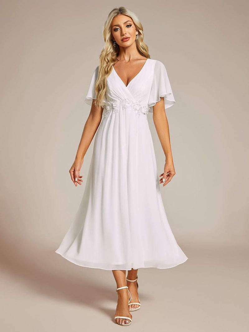 ever DAHLIA|Short Sleeves V-Neck Tea Length Wedding Guest Dress with Floral Applique