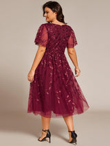 ever SIMONE|Short Sleeves Leaf Sequin A-Line Midi Formal Wedding Guest Dress