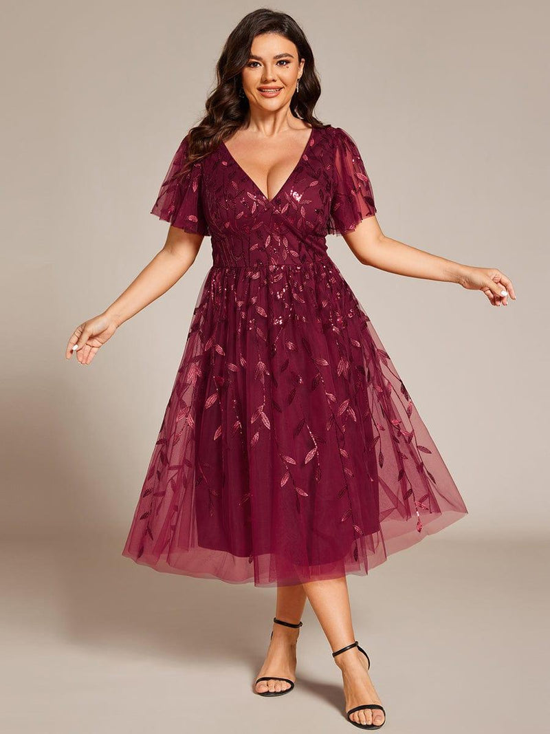 ever SIMONE|Short Sleeves Leaf Sequin A-Line Midi Formal Wedding Guest Dress