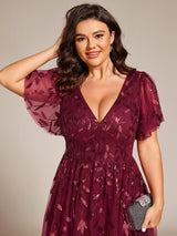 ever SIMONE|Short Sleeves Leaf Sequin A-Line Midi Formal Wedding Guest Dress