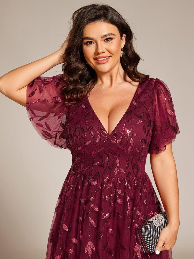 ever SIMONE|Short Sleeves Leaf Sequin A-Line Midi Formal Wedding Guest Dress