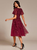 ever SIMONE|Short Sleeves Leaf Sequin A-Line Midi Formal Wedding Guest Dress