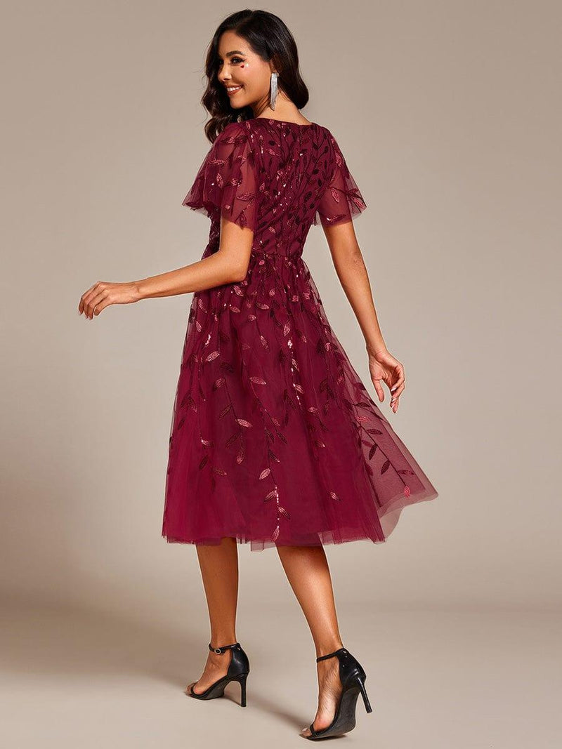 ever SIMONE|Short Sleeves Leaf Sequin A-Line Midi Formal Wedding Guest Dress