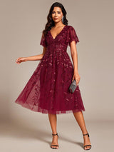 ever SIMONE|Short Sleeves Leaf Sequin A-Line Midi Formal Wedding Guest Dress