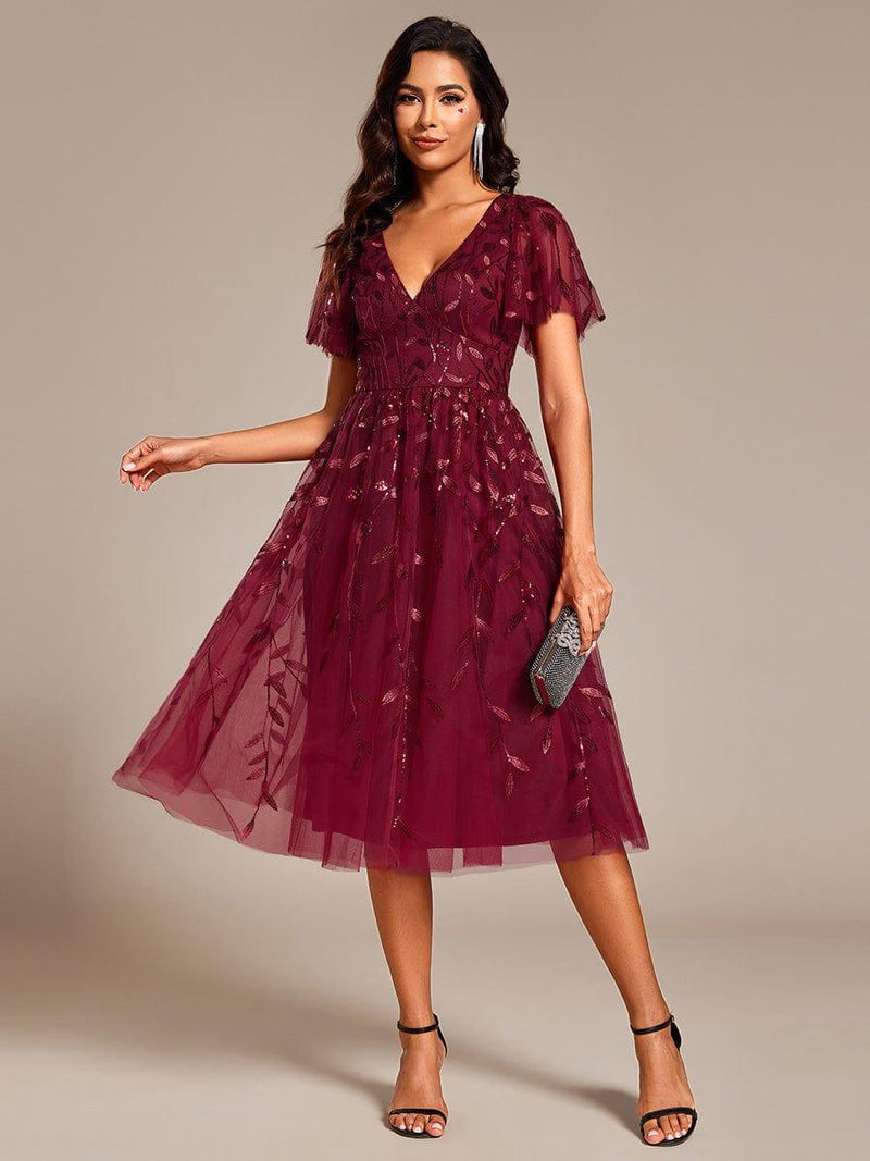 ever SIMONE|Short Sleeves Leaf Sequin A-Line Midi Formal Wedding Guest Dress