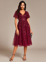 ever SIMONE|Short Sleeves Leaf Sequin A-Line Midi Formal Wedding Guest Dress