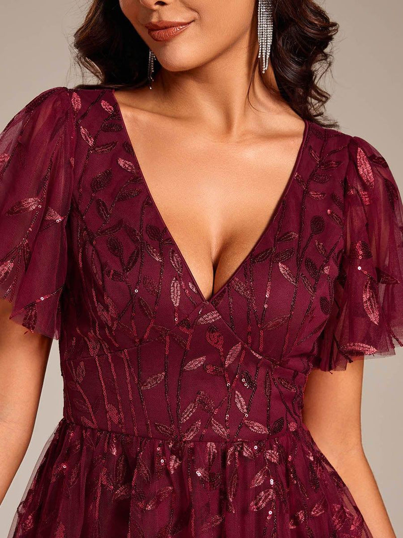 ever SIMONE|Short Sleeves Leaf Sequin A-Line Midi Formal Wedding Guest Dress